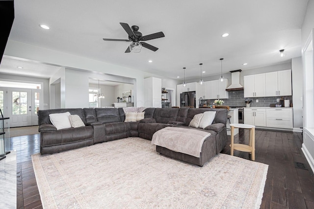1526 Crosley Rd, Granville, OH 43023 - living area featuring dark wood finished floors, a ceiling fan, a chandelier, and recessed lighting