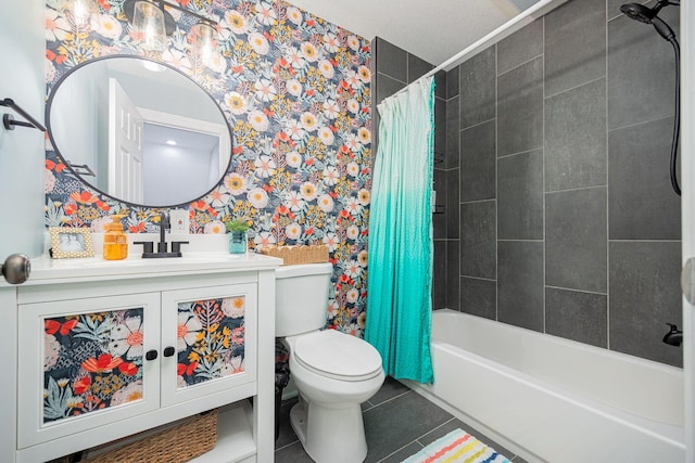 1526 Crosley Rd, Granville, OH 43023 - bathroom with wallpapered walls, tile patterned flooring, vanity, and shower / bath combo with shower curtain