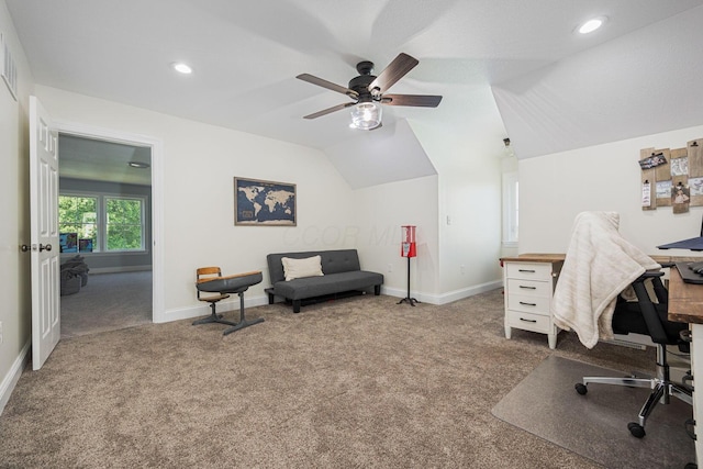 1526 Crosley Rd, Granville, OH 43023 - carpeted home office featuring ceiling fan, vaulted ceiling, and recessed lighting
