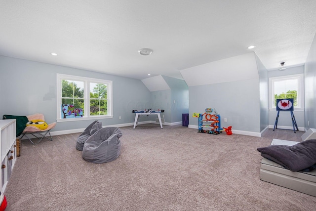 1526 Crosley Rd, Granville, OH 43023 - recreation room with carpet flooring, lofted ceiling, plenty of natural light, and recessed lighting