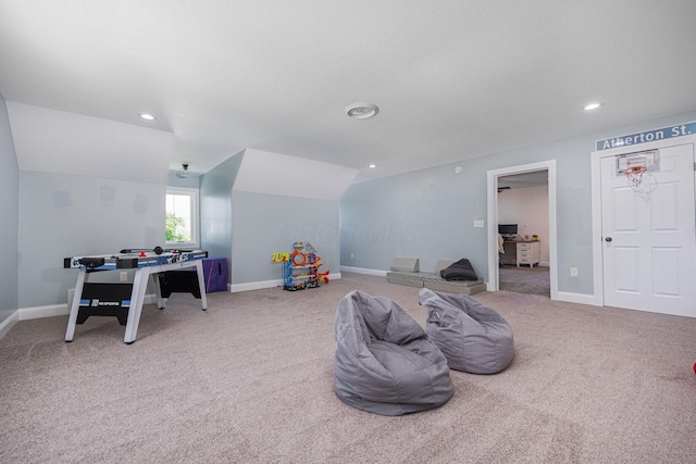 1526 Crosley Rd, Granville, OH 43023 - recreation room with carpet, vaulted ceiling, and recessed lighting