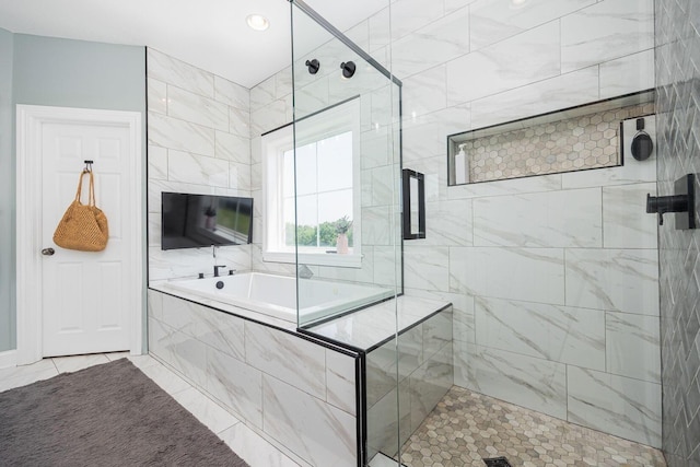 1526 Crosley Rd, Granville, OH 43023 - full bathroom featuring a garden tub, a shower stall, and tile patterned flooring