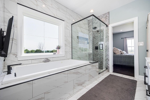 1526 Crosley Rd, Granville, OH 43023 - full bathroom with a bath, a shower stall, ensuite bath, marble finish floors, and recessed lighting