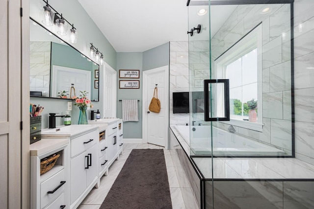 1526 Crosley Rd, Granville, OH 43023 - bathroom featuring vanity, a tub with marble appearance, a shower with shower door, and marble finish floors