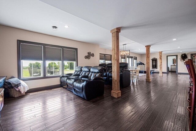 1526 Crosley Rd, Granville, OH 43023 - living area featuring ornate columns, dark wood-type flooring, and recessed lighting