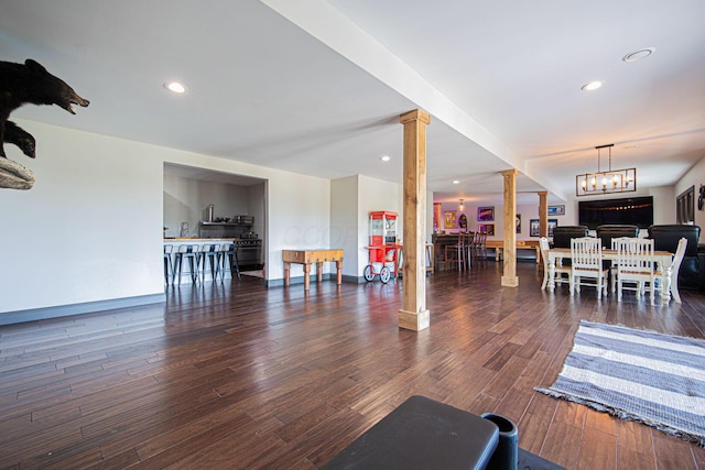 1526 Crosley Rd, Granville, OH 43023 - living area with ornate columns, wood finished floors, and recessed lighting
