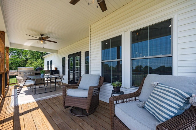 1526 Crosley Rd, Granville, OH 43023 - wooden deck with a ceiling fan, outdoor dining area, and a grill