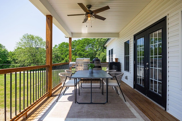 1526 Crosley Rd, Granville, OH 43023 - view of patio / terrace featuring outdoor dining space, a ceiling fan, a grill, and french doors