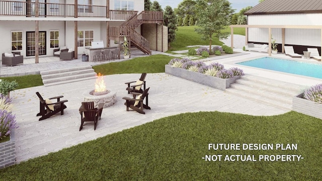 1526 Crosley Rd, Granville, OH 43023 - outdoor pool featuring french doors, a patio area, a yard, and an outdoor living space with a fire pit