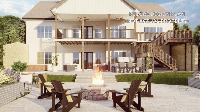 1526 Crosley Rd, Granville, OH 43023 - back of property featuring a fire pit, a patio, a balcony, and stairway