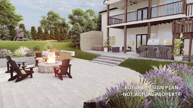 1526 Crosley Rd, Granville, OH 43023 - patio / terrace featuring an outdoor fire pit, a patio area, exterior bar, and french doors
