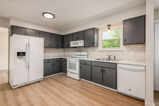 5350 Bittersweet Ct, Columbus, OH 43230 - kitchen with white appliances, backsplash, light wood-style floors, and light countertops