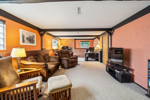 4750 Manitoba Ct, Columbus, OH 43229 - carpeted living room featuring beam ceiling and a textured ceiling
