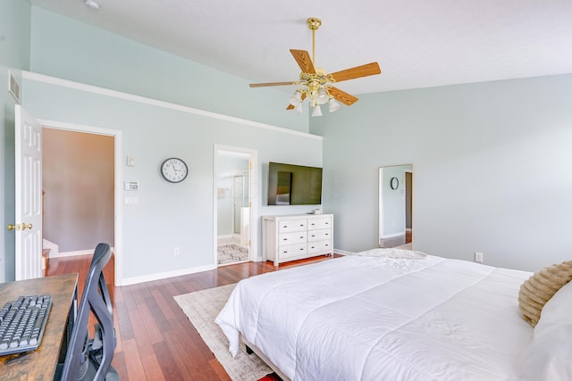 7029 Post Preserve Blvd, Dublin, OH 43016 - bedroom featuring wood finished floors, a high ceiling, ceiling fan, and ensuite bath