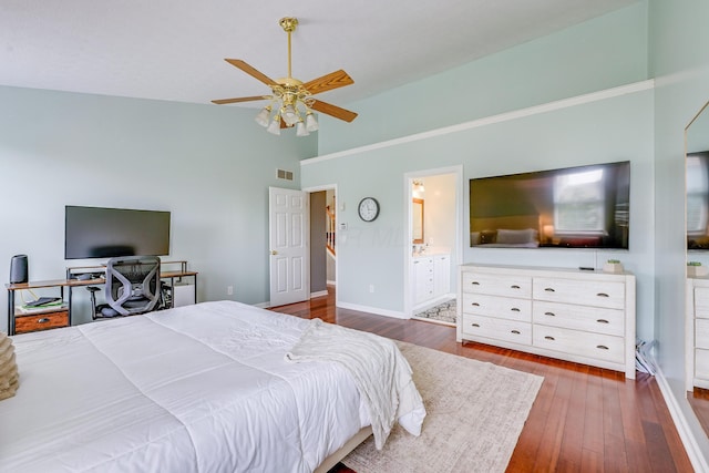 7029 Post Preserve Blvd, Dublin, OH 43016 - bedroom featuring hardwood / wood-style flooring, high vaulted ceiling, ensuite bath, and ceiling fan
