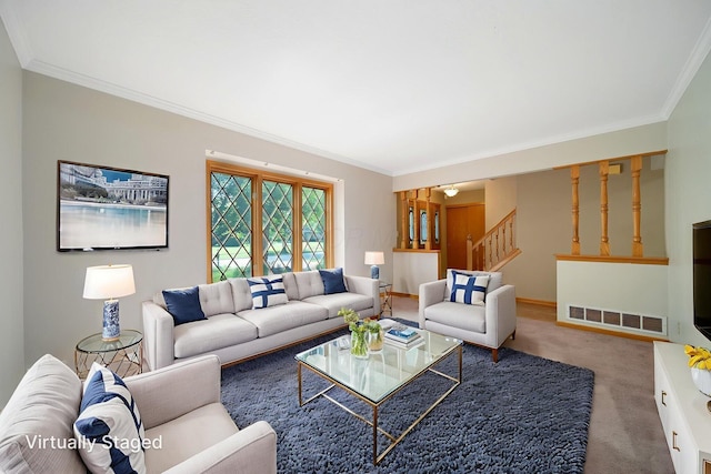6978 Ernest Way, Dublin, OH 43017 - living room with crown molding, carpet flooring, and stairs