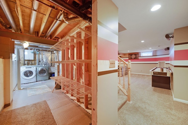 6978 Ernest Way, Dublin, OH 43017 - below grade area with washing machine and dryer, stairway, recessed lighting, and carpet flooring