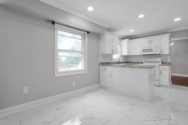 2709 Patrick Ave, Columbus, OH 43231 - kitchen with white appliances, light marble finish floors, ornamental molding, white cabinetry, and a peninsula