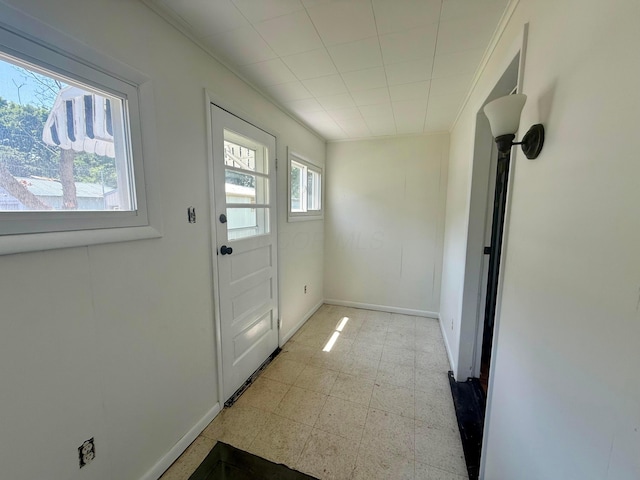 85 Blymer St, Delaware, OH 43015 - doorway to outside with crown molding and light flooring