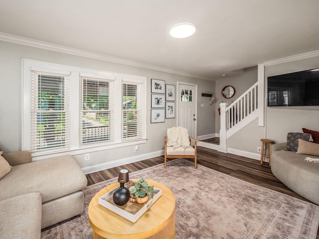 185 Frebis Ave, Columbus, OH 43206 - living area with stairs, crown molding, and wood finished floors