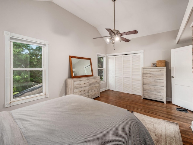 185 Frebis Ave, Columbus, OH 43206 - bedroom featuring wood finished floors, a closet, a ceiling fan, and high vaulted ceiling