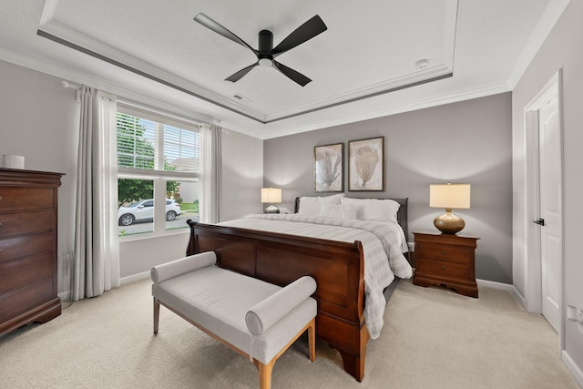 5431 Goose Falls Dr, Dublin, OH 43016 - bedroom featuring a tray ceiling, light colored carpet, crown molding, and ceiling fan
