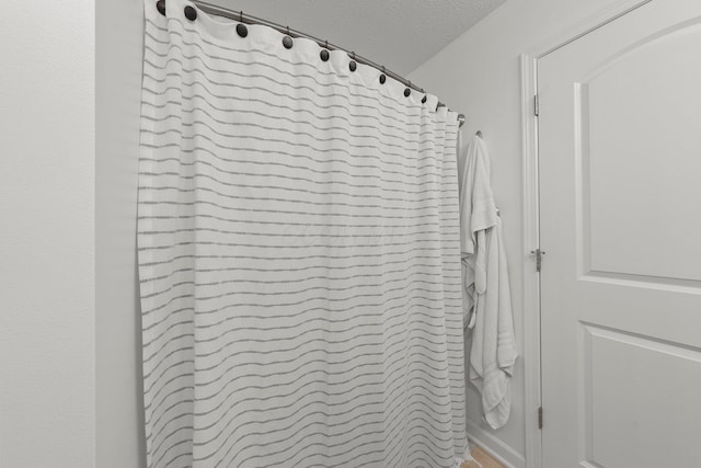 5431 Goose Falls Dr, Dublin, OH 43016 - bathroom view of a textured ceiling and curtained shower