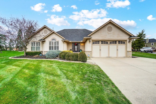 2474 Marthas Wood, Grove City, OH 43123 - view of front of house featuring stucco siding, stone siding, concrete driveway, a garage, and a front lawn