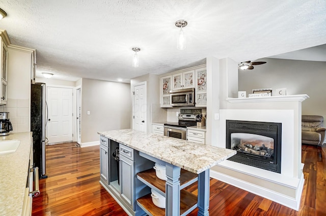 2474 Marthas Wood, Grove City, OH 43123 - kitchen with stainless steel appliances, open shelves, dark wood-style floors, a center island, and backsplash
