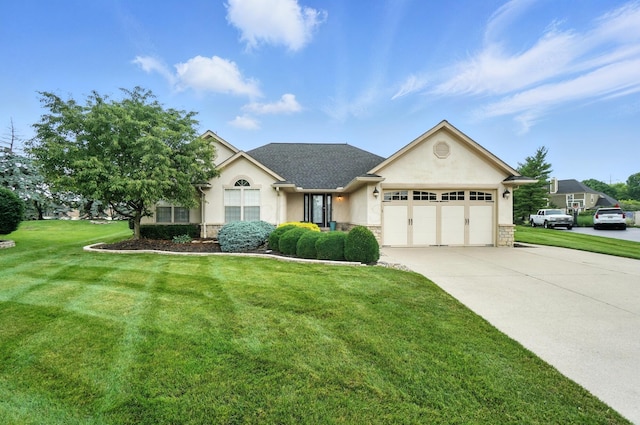 2474 Marthas Wood, Grove City, OH 43123 - view of front of home featuring stucco siding, driveway, a front lawn, an attached garage, and stone siding