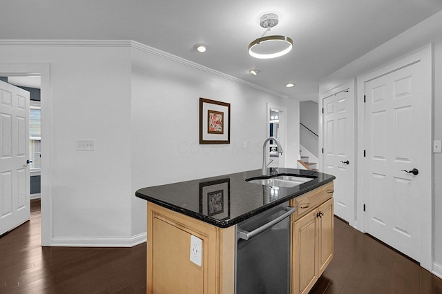 1225 Eastview Ave, Grandview Heights, OH 43212 - kitchen with dishwasher, dark wood-style flooring, dark stone counters, a center island with sink, and ornamental molding