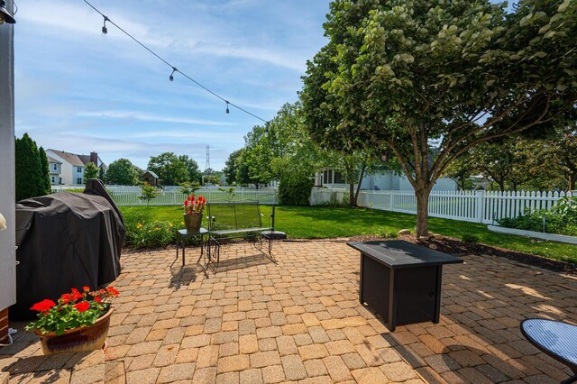 4401 Kathryns Way, Hilliard, OH 43026 - fenced backyard featuring a patio and area for grilling