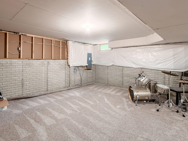 404 Colony Ridge Dr, Delaware, OH 43015 - basement with carpet flooring, electric panel, and brick wall