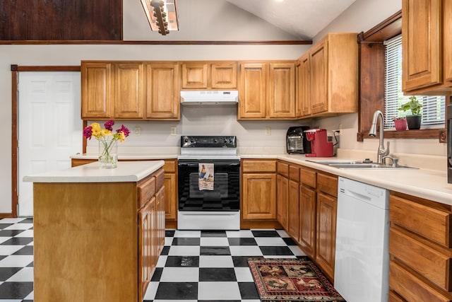 5795 Royalton Rd SW, Lancaster, OH 43130 - kitchen with range with electric cooktop, white dishwasher, dark floors, under cabinet range hood, and vaulted ceiling