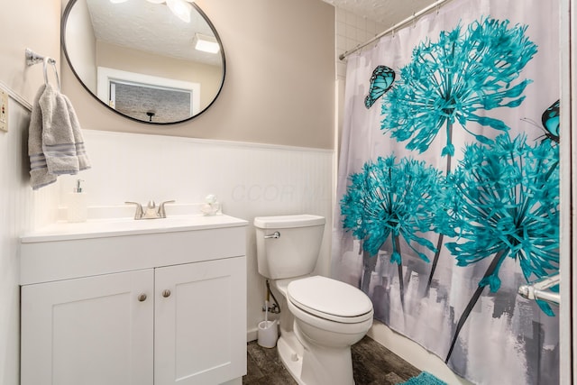5795 Royalton Rd SW, Lancaster, OH 43130 - full bathroom with a wainscoted wall, a textured ceiling, vanity, and a shower with shower curtain