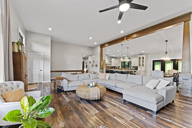19694 State Route 60, Warsaw, OH 43844 - living room featuring dark wood-type flooring, a ceiling fan, and recessed lighting