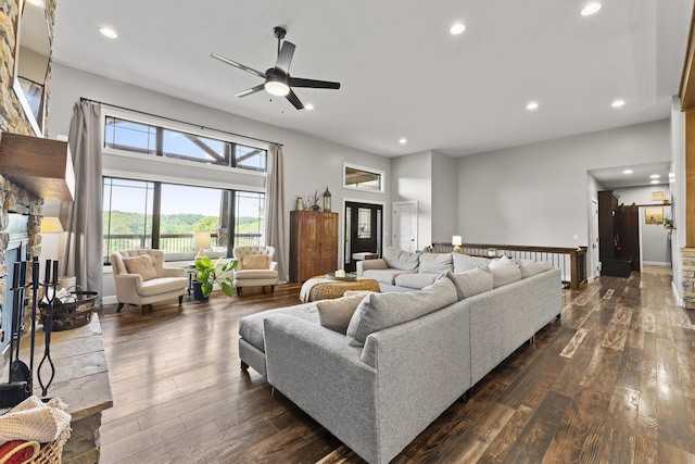 19694 State Route 60, Warsaw, OH 43844 - living area featuring dark wood-style floors, a ceiling fan, and recessed lighting