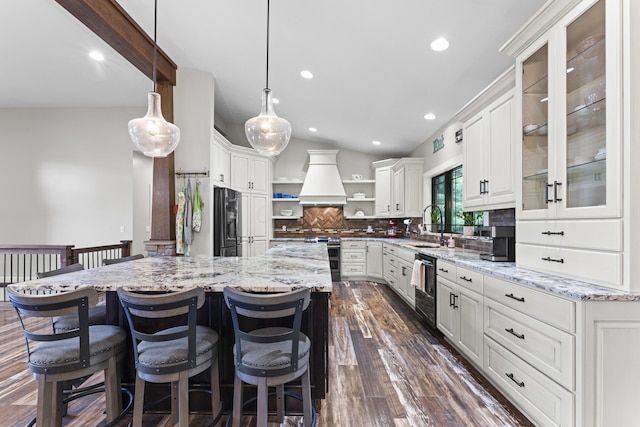 19694 State Route 60, Warsaw, OH 43844 - kitchen with open shelves, decorative backsplash, a kitchen breakfast bar, dark wood finished floors, and recessed lighting