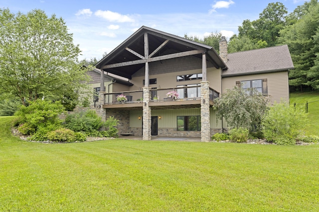 19694 State Route 60, Warsaw, OH 43844 - back of house with a chimney, a yard, a deck, a patio, and stone siding