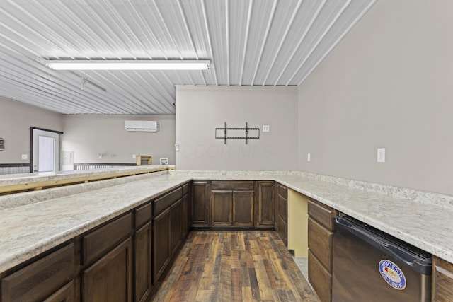 19694 State Route 60, Warsaw, OH 43844 - kitchen with a wall mounted air conditioner, dark brown cabinets, dark wood-style floors, and dishwasher