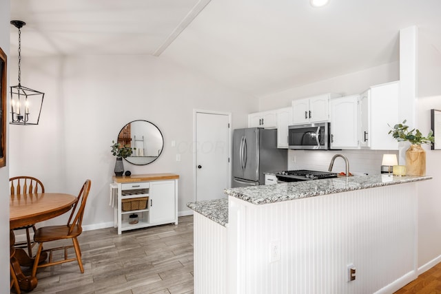 3776 Secretariat Ct, Columbus, OH 43221 - kitchen featuring stainless steel appliances, vaulted ceiling, a peninsula, backsplash, and light stone countertops