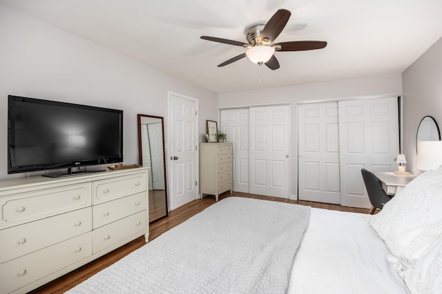 3776 Secretariat Ct, Columbus, OH 43221 - bedroom with two closets, dark wood-style floors, and a ceiling fan