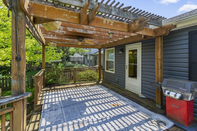 8544 Cadence Dr, Galloway, OH 43119 - wooden terrace featuring a pergola, a ceiling fan, a patio, and a grill