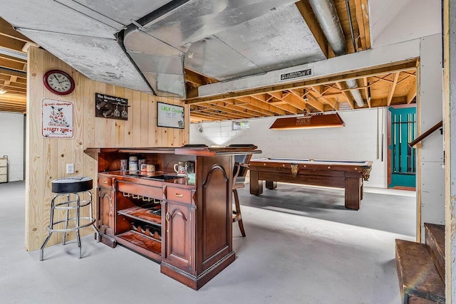 13283 Clover Valley Rd, Croton, OH 43013 - playroom featuring concrete floors, billiards table, concrete block wall, and wood walls