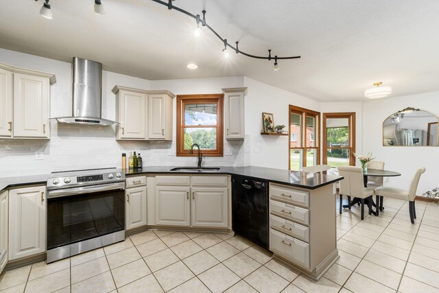 7949 Bluefield St NW, Canal Winchester, OH 43110 - kitchen with electric range, dishwasher, wall chimney range hood, track lighting, and a peninsula