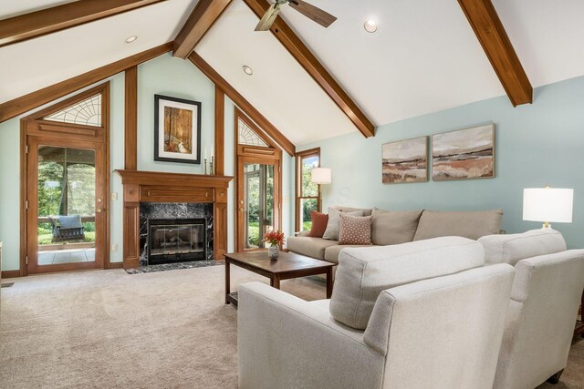 7949 Bluefield St NW, Canal Winchester, OH 43110 - living room with ceiling fan, light colored carpet, a high end fireplace, and recessed lighting