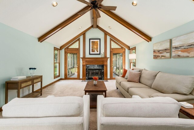 7949 Bluefield St NW, Canal Winchester, OH 43110 - living room featuring a ceiling fan, light carpet, a high end fireplace, and recessed lighting