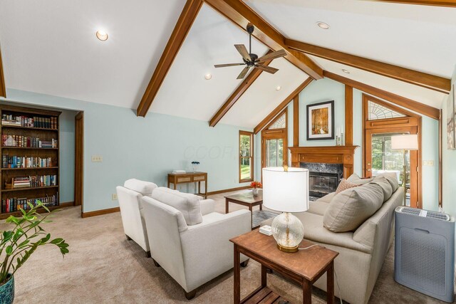 7949 Bluefield St NW, Canal Winchester, OH 43110 - living area with a fireplace, a ceiling fan, recessed lighting, and light colored carpet