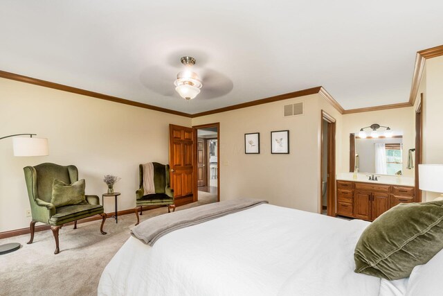 7949 Bluefield St NW, Canal Winchester, OH 43110 - bedroom featuring light carpet, ornamental molding, ensuite bathroom, and a ceiling fan