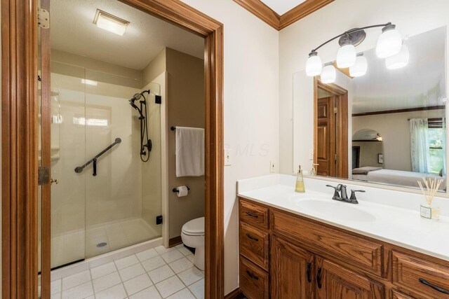 7949 Bluefield St NW, Canal Winchester, OH 43110 - ensuite bathroom with a shower stall, vanity, tile patterned floors, and crown molding
